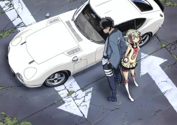 1boy 1girl android antennae arms_behind_back arrow_(symbol) black_hair blue_robe blue_sandals boots car dimension_w dress green_hair hand_in_pocket highres iwahara_yuuji japanese_clothes jewelry looking_at_viewer looking_up low_ponytail mabuchi_kyoma motor_vehicle multicolored_hair necklace official_art pants pink_shorts ponytail road_sign robe robot_girl sandals scar scar_on_face shorts sign smile tail third-party_source two-tone_hair yellow_dress yellow_eyes yurizaki_mira