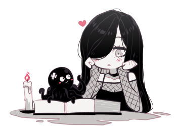 1girl aria_wintermint black_camisole black_choker black_hair book camisole candle choker commentary english_commentary fishnet_sleeves fishnets green_eyes hair_over_one_eye heart long_hair open_book parororo parted_lips the_crawling_city white_background