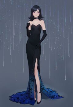 amano_maya black_dress black_hair black_shoes breasts bug butterfly choker contrapposto dress high_heels highres insect mikan_zakuro persona persona_2 purple_eyes shoes short_hair