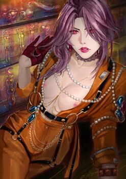 1girl belt breasts cleavage countess_chelsea_(path_to_nowhere) from_above gem gloves highres jewelry lipstick looking_at_viewer makeup necklace nipples path_to_nowhere pearl_necklace pink_hair pink_lips renepolumorfous solo