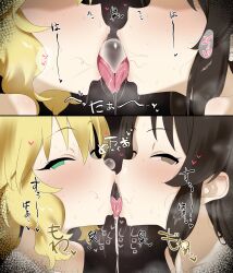 2girls absurdres after_fellatio age_difference blonde_hair breath brown_eyes brown_hair completely_nude cum cum_bubble cum_swap daroon5 french_kiss green_eyes highres idolmaster idolmaster_cinderella_girls idolmaster_cinderella_girls_u149 kiss loli long_hair multiple_girls nose_bubble nude sakurai_momoka stray_pubic_hair tachibana_arisu tongue tongue_out