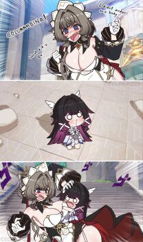 2girls alternate_breast_size_(larger) angry bare_shoulders black_hair blue_eyes blush breasts brown_hair celinepizza chibi closed_eyes columbina_(genshin_impact) commentary detached_sleeves dress english_commentary english_text genshin_impact grabbing_another's_breast groping hair_ornament head_wings highres large_breasts long_hair mole mole_on_breast multicolored_hair multiple_girls open_mouth sandrone_(genshin_impact) white_dress wings yuri