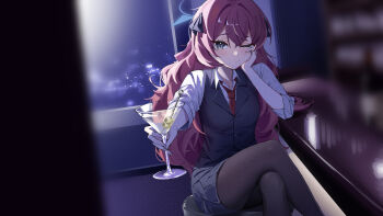 1girl absurdres bar_(place) black_pantyhose black_skirt black_vest blue_archive blurry blurry_foreground blush cetci closed_mouth cocktail_glass collared_shirt commentary crossed_legs cup drinking_glass grey_eyes hair_between_eyes halo hand_on_own_cheek hand_on_own_face head_rest highres holding holding_cup incoming_drink indoors iroha_(blue_archive) korean_commentary long_hair long_sleeves looking_at_viewer neckerchief night on_stool one_eye_closed pantyhose raised_eyebrows red_hair red_neckerchief shirt sitting skirt solo stool very_long_hair vest waistcoat white_shirt window
