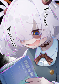 1girl :d absurdres aqua_dress black_background black_eyes blue_archive blush book bright_pupils brown_eyes brown_ribbon buttons collared_shirt commentary_request double-breasted dress dress_shirt drooling eyeball_hair_ornament furrowed_brow grey_hair hair_over_one_eye highres holding holding_book kanoe_(blue_archive) laughing long_hair mouth_drool multicolored_eyes nakamobu naughty_face neck_ribbon one_eye_covered open_mouth reading ribbon school_uniform shaded_face shirt simple_background smile solo translated two-tone_eyes two_side_up upper_body white_pupils white_shirt