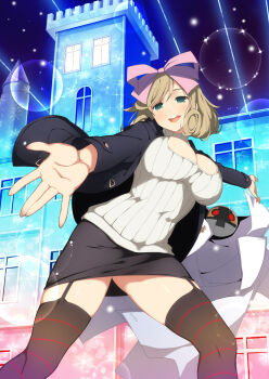 1girl architecture black_garter_straps black_jacket black_skirt black_thighhighs blush bow breasts brown_hair building castle casual cleavage cleavage_cutout clothing_cutout curly_hair garter_straps green_eyes hair_bow hair_ribbon haruka_(senran_kagura) highres jacket lab_coat large_breasts lens_flare light_particles light_rays looking_at_viewer night night_sky official_art open_mouth outdoors outstretched_arms pencil_skirt pink_bow reaching reaching_towards_viewer red_thighhighs ribbed_sweater ribbon robot senran_kagura senran_kagura_new_wave senran_kagura_shoujo-tachi_no_shin&#039;ei shiny_skin short_hair skirt sky smile snowflakes solo spread_arms star_(sky) starry_sky striped_clothes striped_thighhighs sweater swept_bangs teeth thighhighs tongue tower turtleneck turtleneck_sweater two-tone_thighhighs upper_teeth_only white_sweater window yaegashi_nan