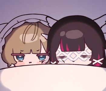 2girls blue_eyes brown_hair closed_eyes closed_mouth columbina_(genshin_impact) eye_mask genshin_impact hair_ornament head_wings headdress highres long_hair mask mikurumikurumi multicolored_hair multiple_girls purple_streaks sandrone_(genshin_impact) short_hair_with_long_locks sleeping smile white_headdress white_mask wing_hair_ornament wings x-shaped_eyewear