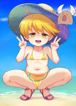 1girl bikini blonde_hair blush cameltoe double_v feet gen_1_pokemon groin hat highres loli meme micro_bikini miniskirt muhyowo nintendo open_mouth pinsir pokemon pokemon_adventures sandals short_hair skirt spread_legs squatting sun_hat sweat swimsuit thighs toes uohhhhhhhhh!_(meme) v yellow_(pokemon)