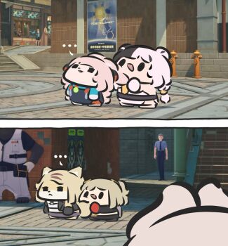 ... 1boy 2others 4girls animal_ear_fluff animal_ears black_hair blonde_hair body_fur burnice_white cat_ears cat_girl chibi closed_mouth commentary dialyn_(zenless_zone_zero) fire_hydrant full_body furry furry_female game_screenshot_background grabbing_another's_ear green_shirt hand_on_another's_ear highres long_hair looking_up multicolored_hair multiple_girls multiple_others open_mouth outdoors pink_fur pink_hair poster_(object) pulchra_fellini rabbit_ears rabbit_girl screenshot_background shirt split-color_hair stairs superappleman symbol-only_commentary tail white_hair yellow_fur zenless_zone_zero zhao_(zenless_zone_zero)