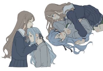 2girls bang_dream! bang_dream!_it's_mygo!!!!! between_breasts black_ribbon blue_eyes blue_hair blue_shirt blue_skirt breasts brown_hair closed_eyes commentary face_between_breasts green_necktie grey_jacket hair_ribbon haneoka_school_uniform hashtag-only_commentary head_between_breasts highres hug jacket jenjen long_hair multiple_girls nagasaki_soyo necktie parted_lips pleated_skirt ribbon school_uniform shirt simple_background skirt togawa_sakiko tsukinomori_school_uniform two_side_up white_background white_shirt yellow_eyes yuri