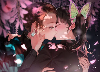 1boy 1girl absurdres black_hair brown_hair butterfly_hair_ornament demon_slayer_uniform earrings from_side hair_ornament haori hetero highres japanese_clothes jewelry kamado_tanjirou kian kimetsu_no_yaiba kiss long_hair long_sleeves looking_at_another profile short_hair side_ponytail tsuyuri_kanao