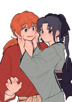 1boy 1girl absurdres back_bow black_hair blue_hair blue_kimono blue_ribbon blue_sash blush bow cheek_pull closed_mouth commentary_request cross_scar facial_scar hair_intakes hair_ribbon hakama hakama_pants hands_on_another&#039;s_cheeks hands_on_another&#039;s_face high_ponytail highres himura_kenshin japanese_clothes kamiya_kaoru kimono long_hair looking_at_another looking_at_viewer low_ponytail obi odayakaneko orange_hair pants parted_bangs parted_lips ponytail red_kimono ribbon rurouni_kenshin sash scar scar_on_cheek scar_on_face sidelocks sweatdrop upper_body white_background