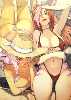 2girls absurdres animal_ears ass blue_eyes braid breasts brown_hair cat_ears facial_mark green_eyes hair_over_one_eye heart heart_o-ring hide_(hideout) highres large_breasts lips long_hair lying multiple_girls navel o-ring on_back on_stomach one-piece_swimsuit original pink_hair red_hair sabrith_ebonclaw scar scar_across_eye scar_on_face scar_on_nose swimsuit tattoo tayelle_ebonclaw twin_braids untied_bikini_top whisker_markings