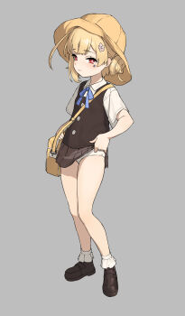 1girl ankle_socks azur_lane bag bare_legs blonde_hair blue_ribbon blush bobby_socks bright_pupils brown_shoes brown_skirt brown_vest buttons cat-quest-sun closed_mouth clothes_lift collared_shirt crossbody_bag crotch_seam dot_nose eldridge_(after-school_good_girl)_(azur_lane) eldridge_(azur_lane) facial_mark flashing flower_hairpin folded_hair frilled_socks frills full_body grey_background hat highres knees_together_feet_apart lifting_own_clothes loafers loli looking_at_viewer mark_under_eye miniskirt neck_ribbon panties pleated_skirt red_eyes ribbon satchel school_bag school_hat school_uniform shirt shoes short_sleeves shoulder_strap side_ahoge sideways_glance simple_background skirt skirt_lift socks solo standing summer_uniform underwear updo vest white_panties white_pupils white_shirt white_socks wing_collar yellow_bag yellow_hat