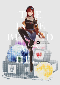 1girl alternate_costume bare_shoulders beanie belt black_choker black_pantyhose black_shirt blue_skirt brown_belt character_name choker collarbone commentary crt denim denim_skirt dotted_background earrings earth_(ornament) earth_(planet) english_commentary english_text full_body grey_background hat hat_ornament heart hecatia_lapislazuli highres jacket jacket_partially_removed jewelry light_smile lips long_hair long_sleeves moon moon_(ornament) orange_jacket pantyhose planet purple_hat qingshuiwuyin_pary red_eyes red_hair shirt skirt skull skull_earrings solo star_(symbol) star_hat_ornament stippling_(texture) striped_sleeves toes torn_clothes torn_pantyhose touhou