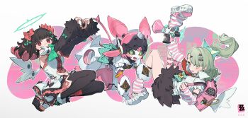 Rule 34 | 3girls, angels of delusion, aria (zenless zone zero), arm garter, arm warmers, bandaid, bandaid hair ornament, bare shoulders, black hair, black sclera, black skirt, black thighhighs, blush, bow, clothing cutout, colored inner hair, colored sclera, commentary, detached sleeves, dress, earrings, floating hair, fur-trimmed skirt, fur-trimmed sleeves, fur trim, green bow, green hair, green halo, hair bow, hair ornament, halo, heart, heart hands, highres, holding, holding megaphone, humanoid robot, jewelry, leg warmers, looking at viewer, megaphone, multicolored hair, multiple girls, multiple hair bows, multiple hair clips, musical note earrings, nangong yu, navel, navel cutout, open mouth, pink arm warmers, pink bag, pink bow, pink leg warmers, pink shoes, polka dot, polka dot bow, ponytail, red eyes, red nails, robot, robot girl, shirt, shoes, short twintails, skirt, sleeve bow, sowichi, striped arm warmers, striped leg warmers, sunna (zenless zone zero), sweat, thighhighs, twintails, white dress, white shirt, winged bag, zenless zone zero