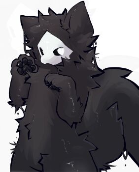 1boy animal_ears black_fur black_sclera bright_pupils changed chest_fur colored_sclera dripping fluffy furry furry_male hair_tuft highres large_tail looking_back mask paw_pose pawpads pointy_ears puro_(changed) saintlystarr tail white_background white_mask white_pupils wolf wolf_ears wolf_tail