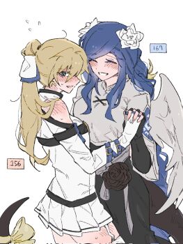 2girls blue_eyes blue_hair blush dizzy_(guilty_gear) dress feathered_wings flower genderswap genderswap_(mtf) gloves guilty_gear guilty_gear_strive hair_flower hair_ornament height_difference high_ponytail highres ky_gwangin ky_kiske kyko multiple_girls off_shoulder ponytail queen_dizzy tail white_background white_dress white_gloves wings yuri