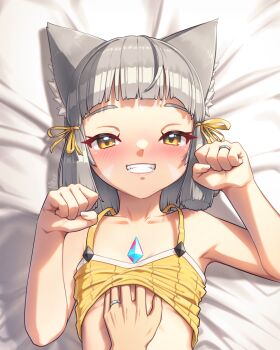 1girl :d alten animal_ear_fluff animal_ears bed belly_rub blunt_bangs blunt_tresses blush breasts cat_ears cat_girl commentary core_crystal_(xenoblade) dated_commentary english_commentary from_above grey_hair grin half-closed_eyes heart hetero highres jewelry looking_at_viewer lying nia_(xenoblade) on_back open_mouth pov pov_hands rex_(xenoblade) ring shirt short_hair sleeveless sleeveless_shirt small_breasts smile solo_focus wedding_ring xenoblade_chronicles_(series) xenoblade_chronicles_2 yellow_eyes yellow_shirt