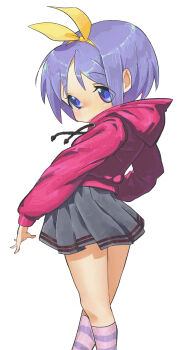 1girl absurdres ankle_socks back blue_eyes grey_skirt hair_ribbon highres hiiragi_tsukasa hood hoodie lucky_star pink_hoodie pink_socks pleated_skirt puppet_art purple_hair ribbon short_hair simple_background skirt socks striped_clothes striped_socks tareme turning_head white_background yellow_ribbon