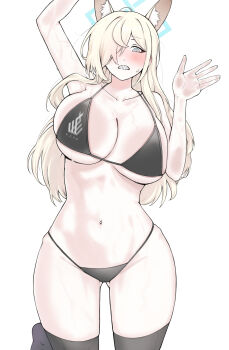 1girl animal_ears bare_shoulders bikini black_bikini black_thighhighs blonde_hair blue_archive blue_eyes blue_halo blush breast_press breasts cleavage collarbone dog_ears extra_ears gluteal_fold hair_over_one_eye halo highres hip_bones kanna_(blue_archive) large_breasts long_hair navel rectangular_halo sharp_teeth solo swimsuit teeth thighhighs thighs yosik