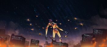 battle building burning cityscape commentary_request debris ejection energy_barrier fake_screenshot fire floating gundam gundam_gquuuuuux highres hoshimiya_aki machinery mecha mecha_focus mobile_suit no_humans psycho_gundam reactive_armor realistic red_visor reveal robot ruins science_fiction sketch space_habitat spoilers v-fin window zero_gravity