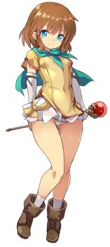 1girl aqua_capelet boots brown_boots brown_hair capelet closed_mouth fire_emblem fire_emblem:_path_of_radiance hair_tubes highres holding holding_staff karukan_(monjya) looking_at_viewer mist_(fire_emblem) mist_(path_of_radiance)_(fire_emblem) nintendo staff