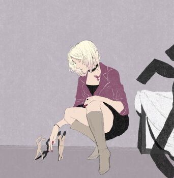 Rule 34 | 1girl, bead bracelet, beads, black choker, black dress, blonde hair, boots, bracelet, brown boots, butterfly tattoo, chest tattoo, choker, closed eyes, commentary, dress, english commentary, eyeshadow, full body, highres, jacket, jewelry, lettalettaletta, makeup, mannequin (silent hill), maria (silent hill), nail polish, pink jacket, red nails, ring, short dress, short hair, silent hill (series), silent hill 2, solo, squatting, tattoo