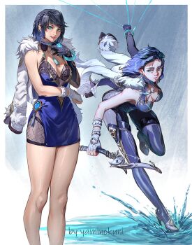 1girl arm_under_breasts asymmetrical_gloves bare_shoulders bead_choker beads bob_cut border bow_(weapon) braid breasts cleavage clenched_hand commentary diagonal_bangs dice dress ear_piercing earrings elbow_gloves english_commentary feather-trimmed_jacket feather_collar fingerless_gloves fishnets fur-trimmed_jacket fur_trim genshin_impact gloves high_heels highres holding holding_bow_(weapon) holding_weapon jacket jacket_on_shoulders jewelry large_breasts leaning_forward mismatched_gloves multiple_views neck_tassel parted_lips piercing short_dress single_elbow_glove standing tassel tassel_choker thighs vision_(genshin_impact) walking walking_on_liquid water weapon white_border white_gloves yaminokuni yelan_(genshin_impact)