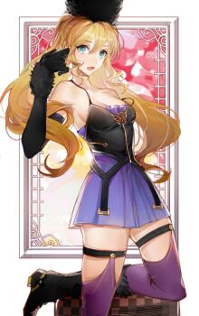 1girl ayakoayako bare_shoulders black_boots black_corset black_headwear boots breasts cleavage code_vein commentary corset cropped_legs dress elbow_gloves fur-trimmed_boots fur-trimmed_gloves fur_trim gloves leggings legwear_garter long_hair medium_breasts mia_karnstein pleated_dress purple_dress sideboob sidelocks solo strapless strapless_dress twintails