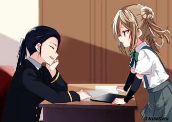 Rule 34 | 1boy, 1girl, admiral (kancolle), arm support, arm warmers, black hair, black jacket, bow, bowtie, brown hair, chair, closed eyes, collared shirt, commentary request, cowboy shot, desk, double-parted bangs, double bun, from side, green bow, green bowtie, grey eyes, grey skirt, hair between eyes, hair bun, highres, ichigomaru d, indoors, jacket, kantai collection, leaning forward, long sleeves, looking at another, medium hair, michishio (kancolle), military uniform, naval dress uniform, naval uniform, open mouth, paper, pleated skirt, ponytail, shirt, short sleeves, short twintails, sidelocks, skirt, smile, suspender skirt, suspenders, twintails, twitter username, white shirt
