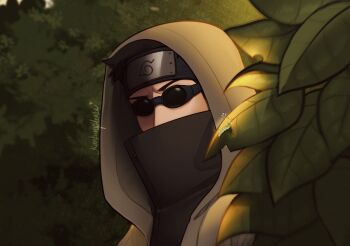 Rule 34 | 1boy, aburame shino, black hair, black headband, brown coat, brown hood, bug, bush, coat, commentary, covered mouth, english commentary, forehead protector, goggles, headband, hood, hooded coat, kankuroplease, leaf, male focus, naruto (series), naruto shippuuden, portrait, signature, solo
