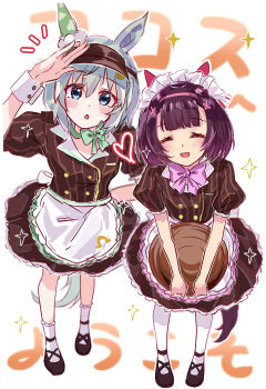 2girls absurdres alternate_costume animal_ears apron blue_eyes blunt_bangs blush bow brown_hair brown_shirt brown_skirt closed_eyes coco's commentary_request ear_covers flower green_bow grey_hair hair_between_eyes hair_flower hair_ornament hairband hairclip heart highres holding holding_tray horse_ears horse_girl horse_tail looking_at_viewer morizu929 multiple_girls nishino_flower_(umamusume) open_mouth pink_bow puffy_short_sleeves puffy_sleeves seiun_sky_(umamusume) shirt shoes short_hair short_sleeves single_ear_cover skirt smile socks sparkle sunflower sunflower_hair_ornament tail tray umamusume visor_cap waist_apron white_apron white_headdress white_socks white_wrist_cuffs wrist_cuffs x_hair_ornament