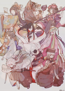 6+girls absurdres ahoge animal_ears bow colored_inner_hair commentary_request cup dog_ears fate/grand_order fate_(series) folding_fan giant_brush hagoromo hair_bow hair_over_one_eye hand_fan haori hat highres japanese_clothes katana katsushika_hokusai_(fate) kimono kyokutei_bakin_(fate) long_hair miss_crane_(fate) miss_crane_(third_ascension)_(fate) multicolored_hair multiple_girls murasaki_shikibu_(fate) murasaki_shikibu_(third_ascension)_(fate) okita_souji_(fate) okita_souji_(teal_haori_and_hakama)_(fate) paper ponytail sei_shounagon_(fate) sei_shounagon_(third_ascension)_(fate) sen_no_rikyu_(fate) sen_no_rikyu_(second_ascension)_(fate) shawl short_ponytail sword toto-sama_(fate) user_kpgg2357 very_long_hair void_shiki weapon wide_sleeves yunomi