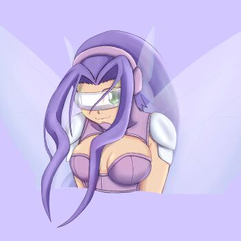 1girl :3 absurdres bikini breasts butterfly_hair_ornament butterfly_wings cleavage closed_mouth commentary covered_eyes cropped_torso digimon digimon_(creature) douglas_(douglasps) eyes_visible_through_eyewear facial_mark fairimon green_eyes hair_ornament hairband head-mounted_display highres insect_wings large_breasts long_hair looking_at_viewer parted_bangs purple_background purple_bikini purple_hair purple_hairband shoulder_pads simple_background smile solo strapless strapless_bikini swimsuit upper_body wings