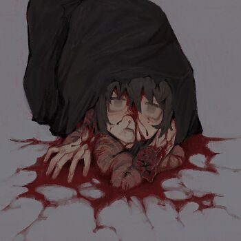 1girl bag blood blood_on_face blood_splatter corpse death dismemberment entrails grey_background guro hair_between_eyes highres intestines looking_at_viewer mutilation organs original plastic_bag severed_arm severed_hand severed_limb sunny_sakana torn torn_bag trash trash_bag