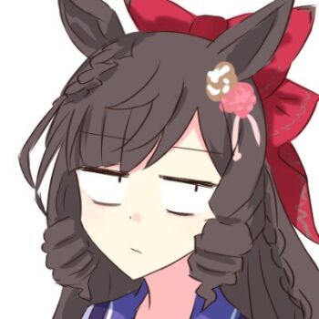 1girl animal_ears blush bow braid brown_hair daiichi_ruby_(umamusume) dress drill_hair drill_sidelocks ear_flower ear_ornament hair_bow hair_ornament horse_ears horse_girl irutann jitome looking_at_viewer lowres purple_dress school_uniform sidelocks simple_background tracen_school_uniform twin_drills umamusume
