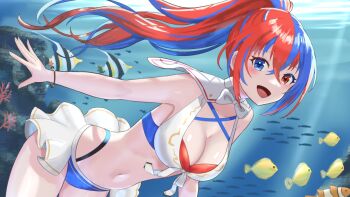 Rule 34 | 1girl, bikini, blue bikini, blue eyes, blue hair, blush, breasts, cleavage, criss-cross halter, crossed bangs, female alear (fire emblem), female alear (seaside dragon) (fire emblem), fire emblem, fire emblem engage, fire emblem heroes, fish, halterneck, heterochromia, large breasts, long hair, multicolored bikini, multicolored hair, multicolored swimsuit, navel, nintendo, ocean, official alternate costume, official alternate hairstyle, open mouth, ponytail, red bikini, red eyes, red hair, showgirl skirt, smile, solo, split-color hair, stomach, swimsuit, tarutaru193, two-tone hair, underwater, very long hair, water, white bikini
