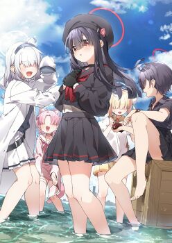 5girls absurdres ahoge animal_ear_fluff animal_ears barefoot beret black_gloves black_hair black_hat black_sailor_collar black_serafuku black_shirt black_skirt blonde_hair blue_archive blue_sky blush cat_ears cat_girl cloud cloudy_sky faceless faceless_female gloves halo hat highres justice_task_force_member_(blue_archive) long_hair long_sleeves multiple_girls neckerchief open_mouth parted_lips pink_hair red_neckerchief sailor_collar school_uniform serafuku shirt short_hair sitting skirt sky smile water white_hair white_shirt white_skirt yukie_(kusaka_shi)