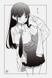Rule 34 | 1girl, :p, blush, breasts, collared shirt, commentary request, dddd akagi, greyscale, highres, jacket, long hair, medium breasts, monochrome, necktie, off shoulder, open clothes, open jacket, original, pleated skirt, school uniform, shirt, skirt, smile, solo, tongue, tongue out
