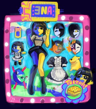 1girl animal black_hair blue_skin blunt_bangs box character_doll colored_skin commentary demon_ena demon_girl diablada diablada_ena dog doll drunk_ena ena_(ena) ena_(series) ena_(species) ena_(web_series) english_commentary happy_ena highres hourglass_dog in_box in_container mask mask_(ena) multicolored_skin sadder_ena shirt skirt smile split-color_skin suspender_skirt suspenders toy_packaging turron two-tone_skin usagimarumei yellow_skin