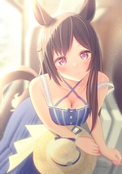1girl absurdres animal_ears bare_arms bare_shoulders blue_dress blurry blurry_background blush bow breasts brown_hair cleavage closed_mouth collarbone commentary_request cowboy_shot criss-cross_halter dress halterneck hat highres horse_ears horse_girl leaning_forward long_hair looking_at_viewer mejiro_dober_(umamusume) mejiro_dober_(vacation_safir)_(umamusume) outdoors ponta_(1859ysmssstsp) purple_eyes sleeveless sleeveless_dress solo sweatdrop train train_interior umamusume unworn_hat unworn_headwear white_bow