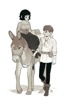1boy 1girl belt_pouch black_hair boots brown_hair chilchuck&#039;s_wife chilchuck_tims collared_shirt commentary_request corset donkey dress dungeon_meshi highres holding holding_rope horseback_riding korean_commentary long_sleeves looking_at_another mahittah medium_hair open_mouth pants pouch riding rope shirt short_hair simple_background sitting_on_animal smile walking white_background