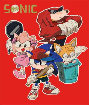 1girl 3boys alternate_costume amy_rose ana_(mother) ana_(mother)_(cosplay) animal_ears animal_nose aoki_(fumomo) arm_up arms_up baseball_bat baseball_cap biceps black_eyes black_pants blue_fur blue_hair blue_shorts blush bobby_socks body_fur bow closed_mouth collared_dress copyright_name cosplay dress ears_through_headwear english_text flat_chest flexing fox_boy fox_ears fox_tail frying_pan full_body furry furry_female furry_male glasses gloves hair_bow happy hat holding holding_baseball_bat holding_frying_pan in_container knuckles_the_echidna lloyd_(mother) lloyd_(mother)_(cosplay) logo_parody long_hair mother_(series) mother_1 multiple_boys neckerchief ninten ninten_(cosplay) nintendo opaque_glasses open_mouth outline pants pince-nez pink_bow pink_dress pink_fur pink_hair pink_shoes red_background red_footwear red_fur red_hair red_headwear red_neckerchief red_shirt round_eyewear shirt shoes short_dress short_hair short_sleeves shorts sidelocks simple_background sleeveless sleeveless_shirt smile snout socks sonic_(series) sonic_the_hedgehog spiked_hair standing striped_clothes striped_shirt sunglasses tail tails_(sonic) teddy_(mother) teddy_(mother)_(cosplay) trash_can triangular_eyewear two-tone_fur two-tone_shirt white_fur white_gloves white_outline white_socks yellow_fur