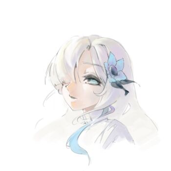 1girl blue_eyes blue_hair flower hair_flower hair_ornament hair_over_one_eye isekaijoucho kamitsubaki_studio long_hair looking_at_viewer multicolored_hair parted_lips sketch solo two-tone_hair upper_body white_hair yukimura_sin
