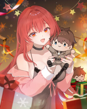 1girl :d babydoll black_babydoll black_choker blush_stickers box breasts character_doll choker cleavage collarbone commander_(nikke) commentary doll gift gift_box goddess_of_victory:_nikke highres holding holding_doll irono_ha jacket large_breasts long_hair long_sleeves looking_at_viewer navel off_shoulder open_clothes open_jacket open_mouth pink_jacket rapi_(nikke) red_eyes red_hair smile solo star_(symbol) upper_body