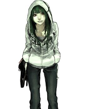 1girl bag black_bag black_pants brown_eyes denim green_hair grin hands_in_pockets highres hood hood_up hooded_jacket jacket jeans long_hair looking_to_the_side original pants print_jacket shirt simple_background smile solo striped_clothes striped_shirt white_background white_jacket ystty0