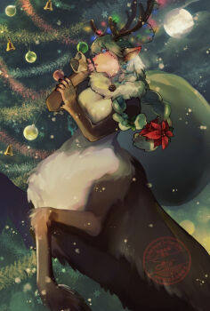 1girl animal_ears antlers blue_eyes braid breasts brown_fur centauroid christmas christmas_lights christmas_ornaments christmas_tree cloud cloudy_sky commentary_request deer_antlers deer_ears deer_girl full_moon furry furry_female grey_hair highres holding holding_sack hooves horns long_hair medium_breasts monster_girl moon multiple_legs night original outdoors parted_lips pointy_ears rearing sack sato_(pixiv_58467686) sidelocks sky snowing solo standing taur white_fur
