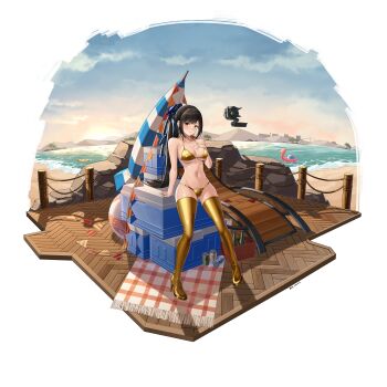 absurdres arm_support armpit_crease ball beach beach_umbrella beachball bikini black_hair blue_sky blush boots bottle boulder box breasts brown_eyes building bunting can character_name chinese_commentary cleavage closed_mouth closed_umbrella cloud commentary commentary_request cooler dated drink_can earrings english_commentary eve_(stellar_blade) flamingo_innertube food full_body gluteal_fold gold_bikini gold_boots groin halterneck hand_on_own_chest high_heel_boots high_heels high_ponytail highres hill innertube jewelry jfzm001 leaning_back long_hair looking_at_viewer looking_to_the_side medium_breasts mixed-language_commentary navel on_box outdoors picnic_blanket pigeon-toed pizza pizza_slice ponytail sideways_glance signature sitting sitting_on_box sky smile stellar_blade straight_hair string_bikini string_of_flags sun swept_bangs swim_ring swimsuit thank_you thigh_boots thighs tree umbrella variant_set wooden_floor