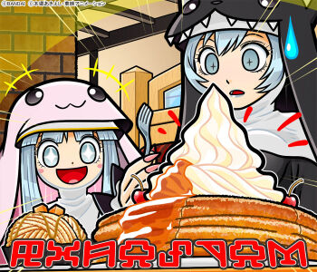 2girls black_dress digimon digimon_(creature) dress food grey_eyes grey_hair indoors multiple_girls official_art pancake partially_translated sistermon_blanc sistermon_noir sparkling_eyes translation_request upper_body white_dress