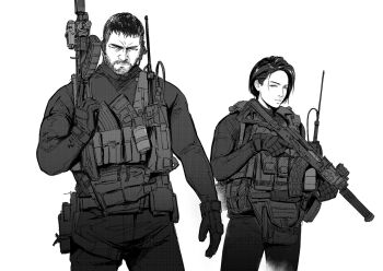 1boy 1girl argent_moon assault_rifle beard_stubble black_gloves black_hair chris_redfield facial_hair gloves greyscale gun highres holding holding_gun holding_weapon jill_valentine monochrome resident_evil resident_evil_village rifle simple_background stubble tactical_clothes weapon white_background